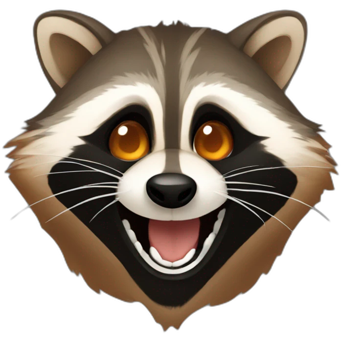 brown raccoon with orange eyes and a dark green hood that is laughing emoji