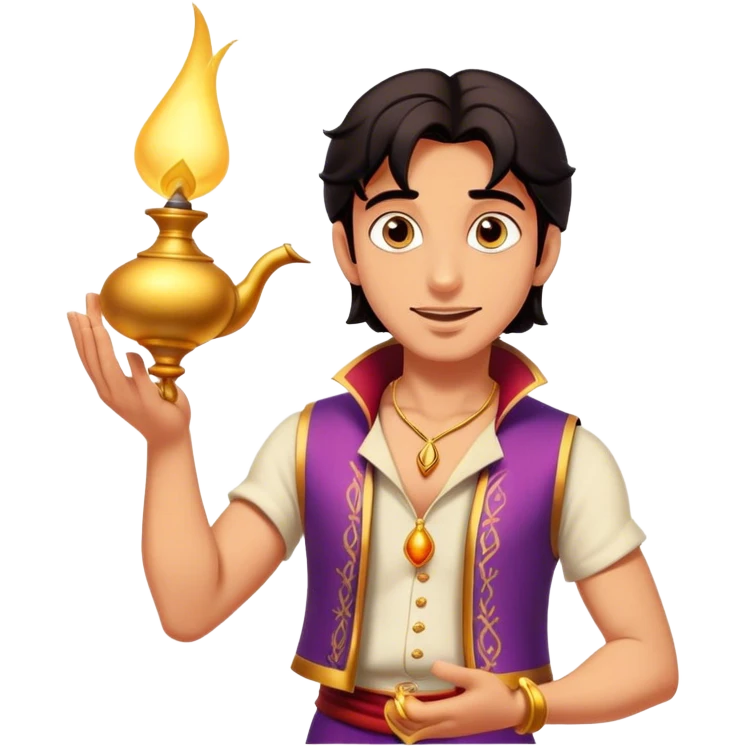Cinematic Realistic Aladdin Portrait, depicted with lifelike, warm skin textures and a confident yet approachable gaze. His dark, wind-tousled hair frames expressive eyes full of adventure and kindness. Dressed in his iconic vest and loose trousers with intricate detailing, he holds a subtle glimmer of a magic lamp, all rendered under soft natural lighting with a radiant glow that captures his resourceful spirit. emoji