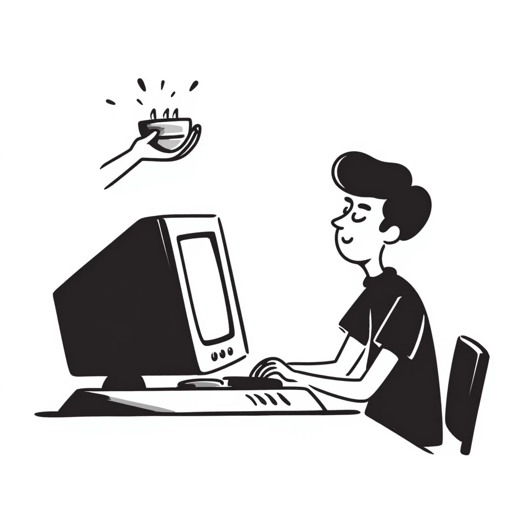Young man with modern haircut sitting at a vintage desktop computer with large CRT monitor and floppy disk drive emoji