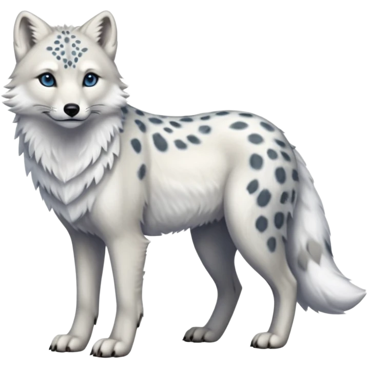 Hyper-realistic furry soft smooth elegant Arctic-wolf-arctic-fox-Snow-leopard-fusion-hybrid-animal-creature, full body emoji