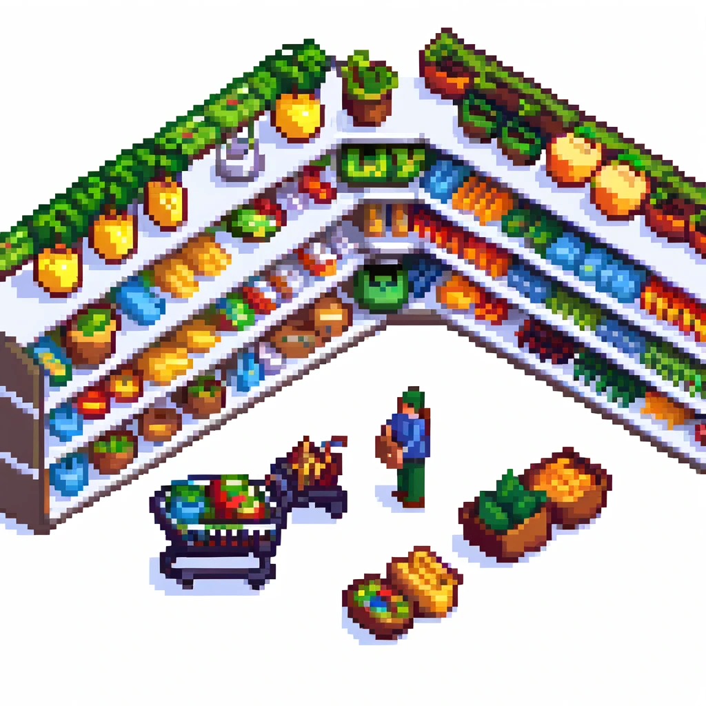 Isometric view of a supermarket with shelves of products, shopping carts, and checkout counters emoji