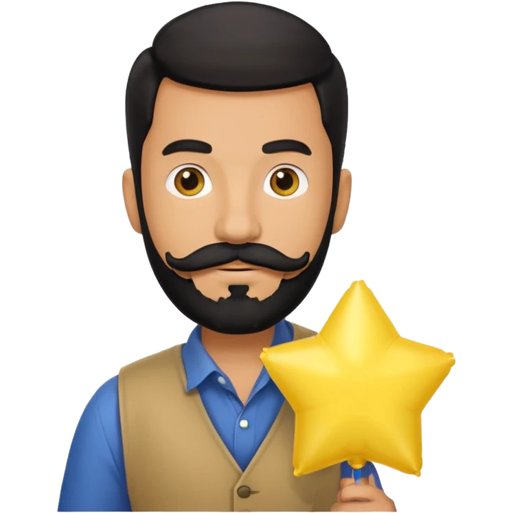 man with black bead and mustache holding star yellow balloon emoji