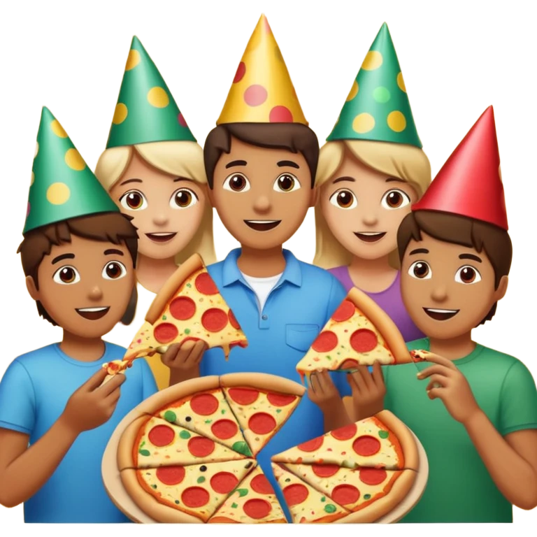 grupo de amigos felices comiendo pizza emoji