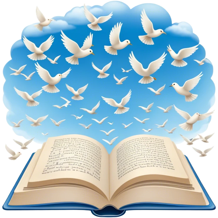 Icon for Poetry Reading: an open book with pages flying out, transforming into a large flock of small white birds soaring into the blue sky. The icon should evoke the freedom and beauty of poetic expression. Transparent background. emoji