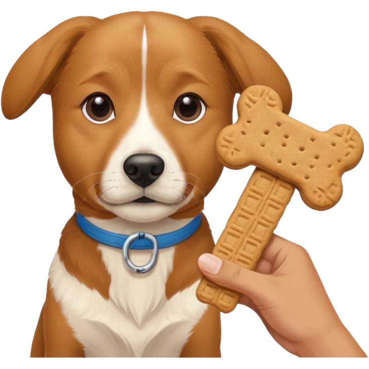 trainer hand holding a treat in front of a dog emoji