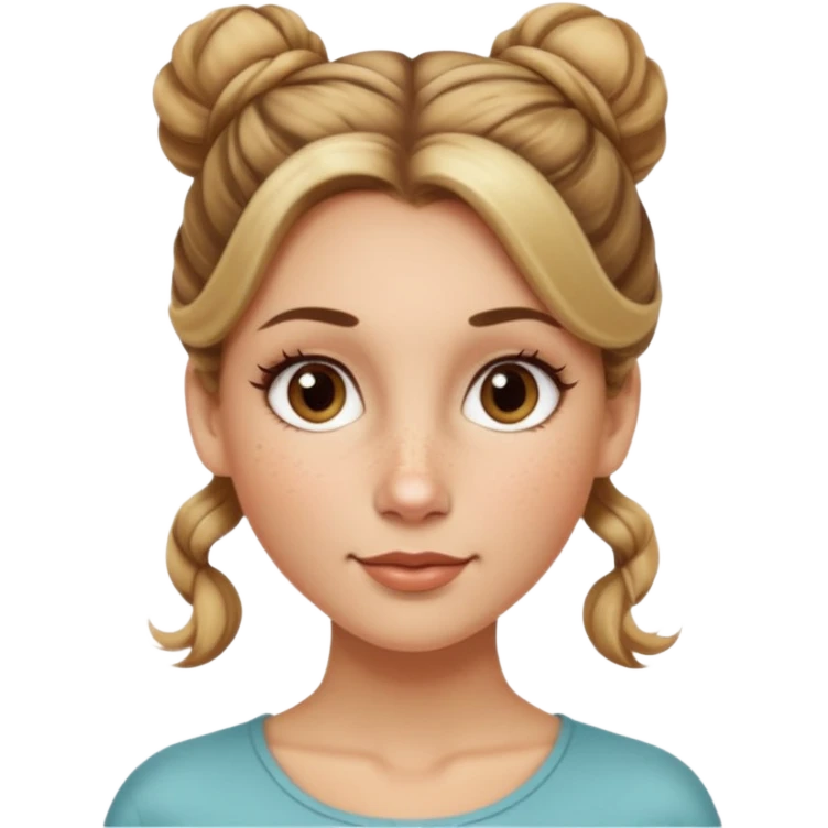 creative women with long dark Blond with highlights semi curly hair white women with hair in a top bun(one bun not two), oval shape face hazel eyes long lashes freckles on the nose high cheek bones emoji