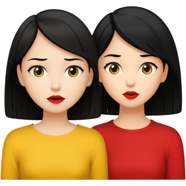 2 girls gossiping secretly. both are fair and have black hair. One has short hair and is tan, one has long hair and is fair. One is wearing yellow, one is wearing red emoji