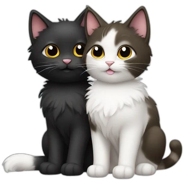 Two cute fluffy cats one black and one white kissing emoji