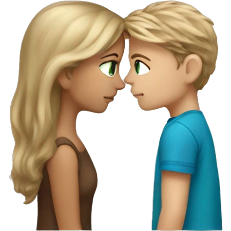 Girl with dirty blonde hair andgreenish blue eyes kissing boy with brown hair emoji