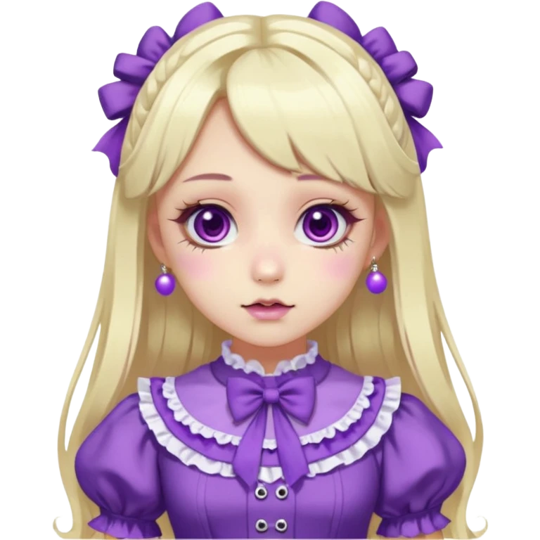 Ai pale girl , who has straight long length blonde and purple swirled hair , hazel eyes , and doll like makeup , with a septum piercing, nostril piercing, in a purple lolita hime gyaru dress emoji emoji