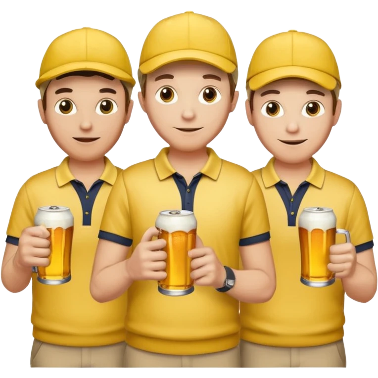16 men on a golf trip wearing yellow golf caps all holding a beer can with a Xmas style label. Has to be 16 of them. emoji
