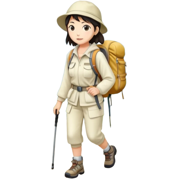 Full body japanese woman hiking on mountain trail cream clothes emoji