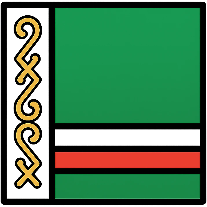 Chechnya flag, green field with white and red stripes at bottom, white vertical stripe with gold pattern on hoist, vector style emoji