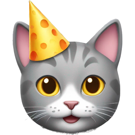grey cat holding a cake wearing a party hat emoji