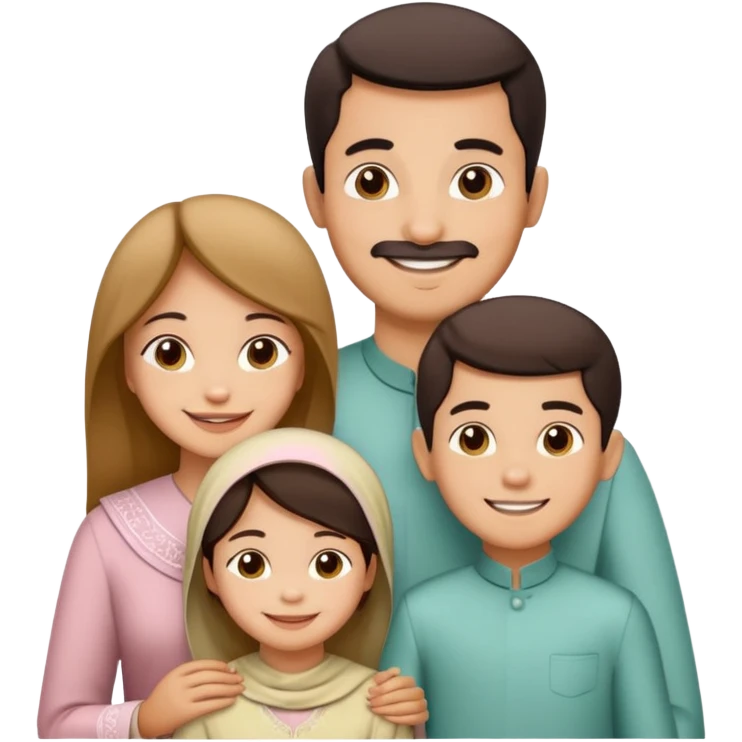 Lebaran. Keluarga terdiri dari Ayah, ibu, dua anak laki-laki dan yang paling kecil seorang anak perempuan. Tulisan : Selamat Lebaran  emoji