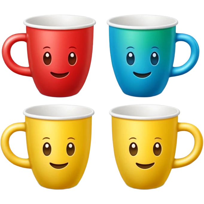 Cute 3D cartoon emoji sticker of a cup and ball shell game with three glossy plastic cups (blue, green, red) and a yellow ball, soft lighting, smooth shadows, playful, white sticker outline, transparent background, high resolution. emoji