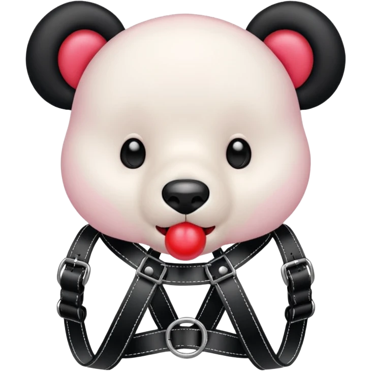 Gloomybear wearing black harness, red bubblegum in mouth emoji