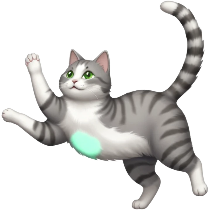 grey and white cat with green eyes doing a big extremely long stretch reaching up into the air with arms and legs side by side together straight and overextended whilst lying on its side emoji