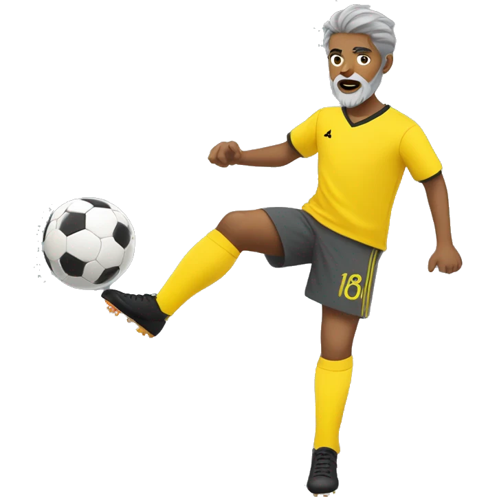 yellow skinned boy in gray soccer uniform and black shorts with gray beard  and hair kicking a soccer ball emoji