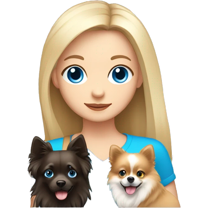 Girl with long blond hair an blue eyes and a boy with dark hair and blue eyes holding a pomeranian  emoji