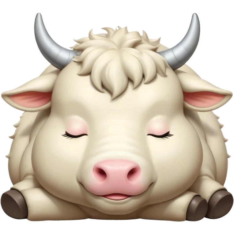 Meme-Worthy Cute Sleeping Domestic Ox Portrait Emoji, Head resting peacefully with a contented smile, showcasing a massive, sturdy build and a luxuriously soft hide, eyes gently closed in serene, restful slumber, Simplified yet hilariously adorable features, highly detailed, glowing with a soft, drowsy natural light, high shine, relaxed and utterly lovable, stylized with an air of playful laziness, soft glowing outline, capturing the essence of a sleeping ox that feels destined to become the next viral sensation of adorable rest! emoji