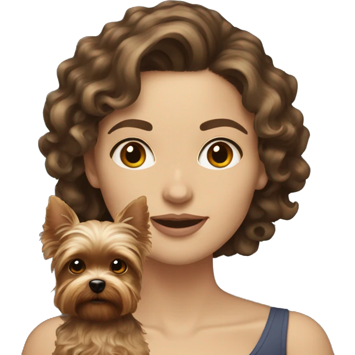 white women with curly medium length brunette hair, holding a cute yorkie dog emoji