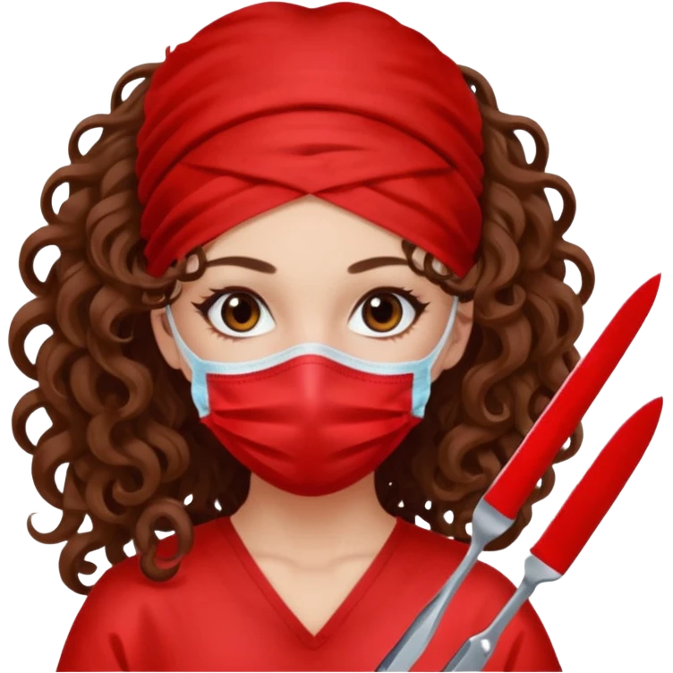 Lilith symbol seductress long curly hair evil surgeon.  brown hair. Red surgical mask and hair covering. She works for cartel and kills  with a scalpel. emoji
