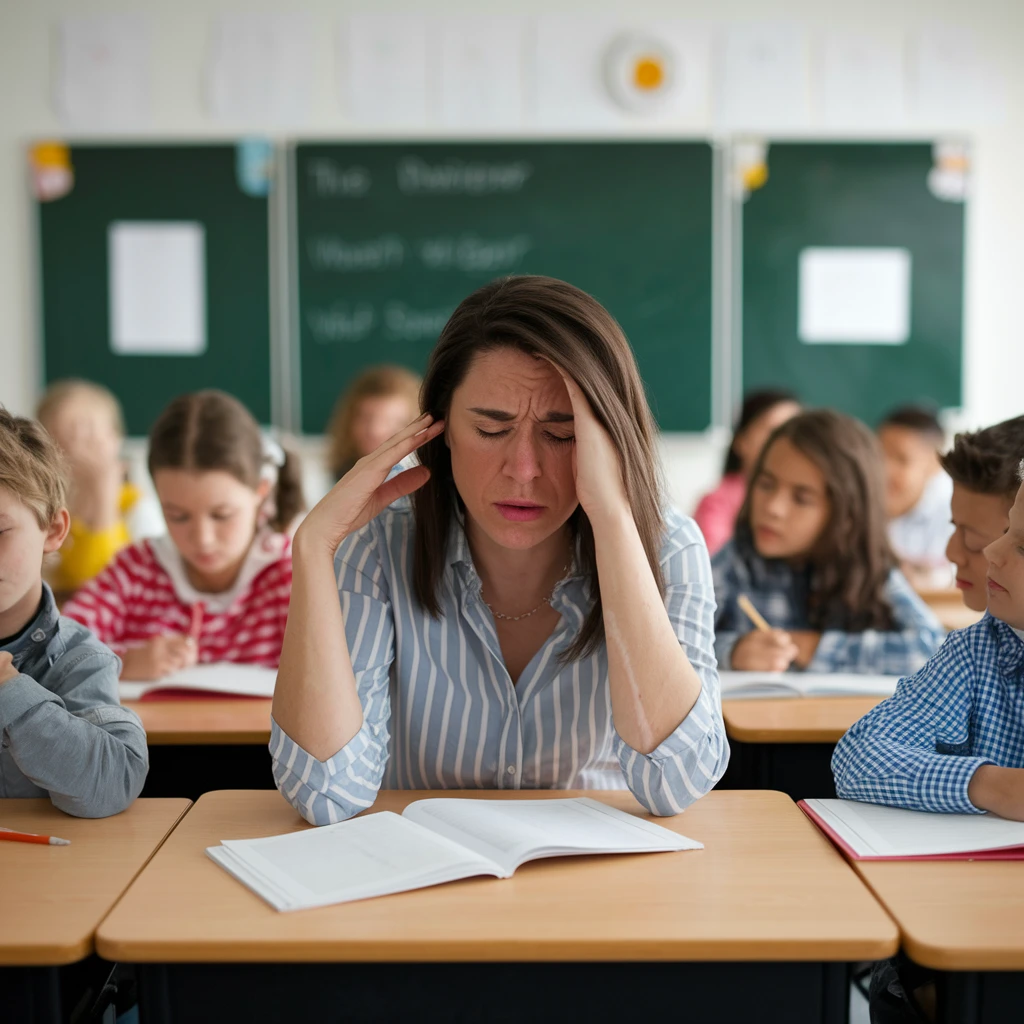 exhausted teacher in a bustling classroom emoji