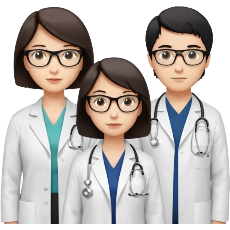 Create four doctors grouped together. Place a female doctor with dark brown short bob hair prominently in the front. Behind her, include:

a doctor with white hair wearing glasses,

a young male doctor with black hair and no glasses,

and a female doctor with black short bob hair wearing glasses. emoji