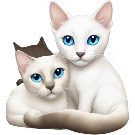 A white siamese kitten snuggled up to a white Siamese cat. Both cats are surrounded by many colourful fish  emoji