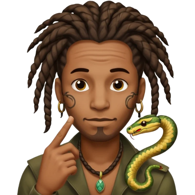 Black man with dreads and snake tattoo on forehead with index finger under his nose  emoji