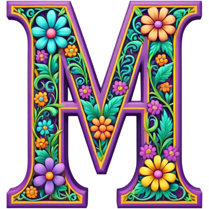 3D, gothic style psychedelic colored capital Letter N with hippie style flower border emoji