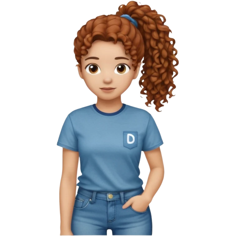 Girl with chestnut colored curly hair in a ponytail, and then a drake shirt and loose jeans emoji