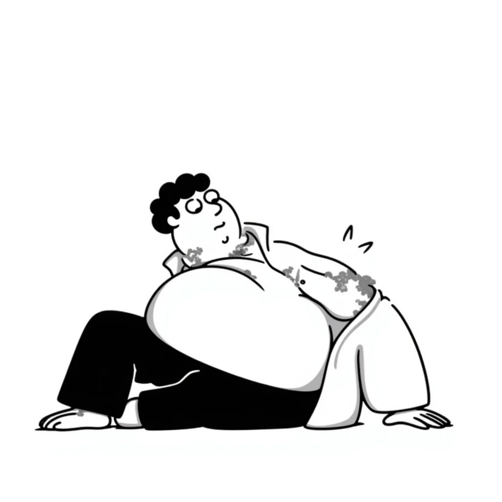 Peter Griffin from Family Guy with a massive pregnant belly, laying on his back, sweating droplets visible, tired expression, wearing green pants and white shirt emoji