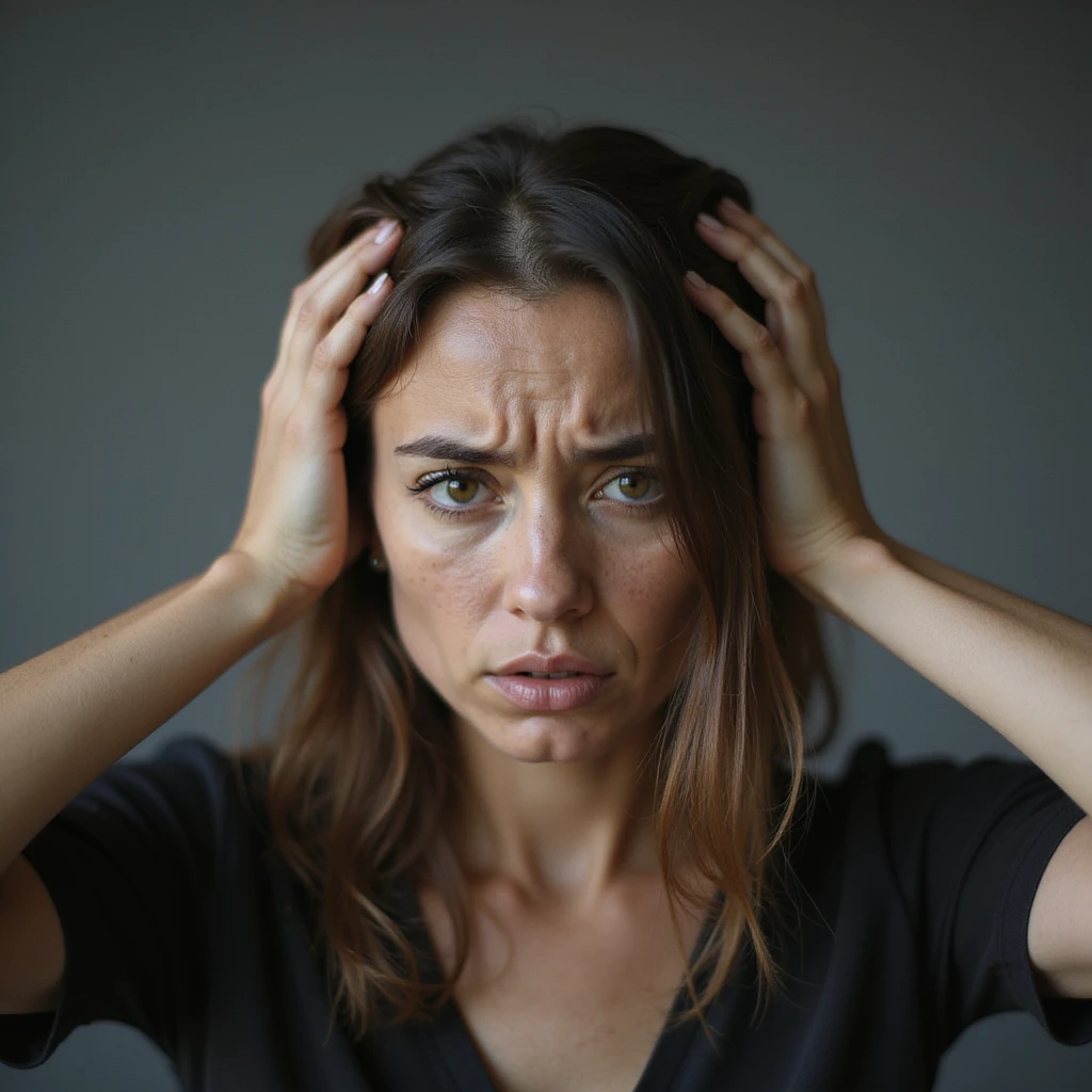 woman with hands in hair, stressed and nervous expression, hyperrealism 4K, variation 10 emoji