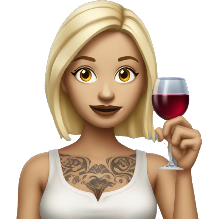 Create a hyper-realistic emoji of a blonde woman with elegant features. She has a body covered in tattoos, holding a glass of wine in one hand, while pointing forward with her other hand. emoji