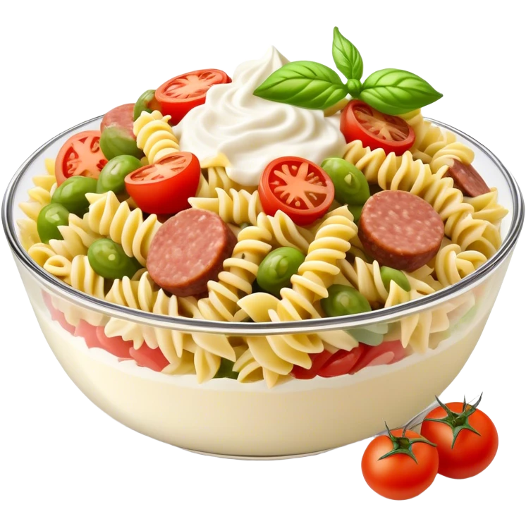 Fusilli pasta salad with chopped meat sausage, chopped gherkins, chopped cocktail tomatoes and mayonnaise, yoghurt emoji