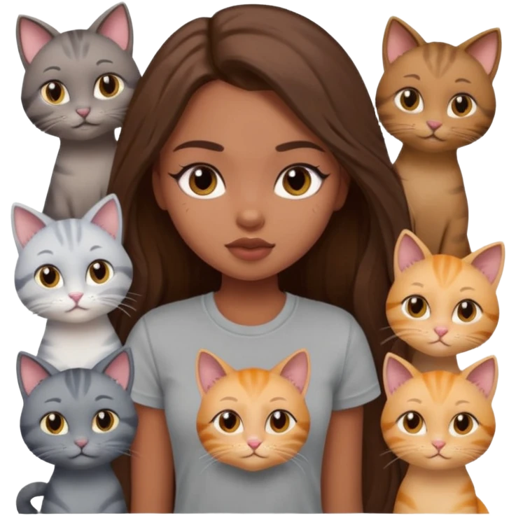 a pretty bratz dusky girl with long brown hair with six cats nd wearing a grey tshirt emoji