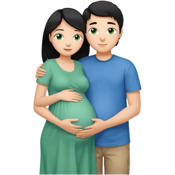 Make a couple hugging the girl is white with long black hair with blue eyes. The girl is hugging a boy with light brown short hair with green eyes. The boz is pregnant  emoji