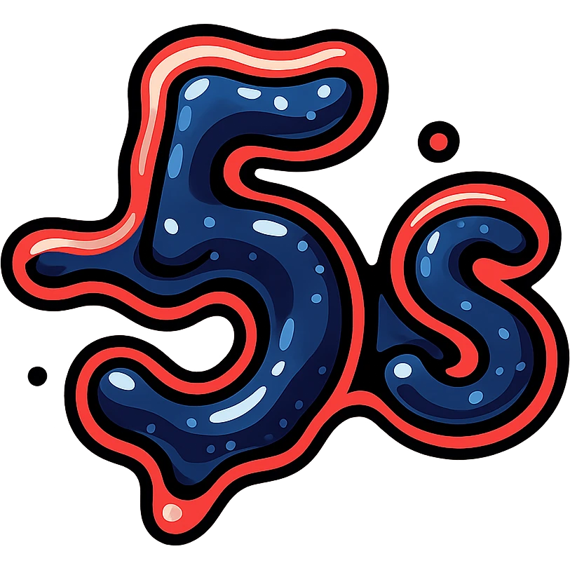 símbolo '-5s' con efecto de metal líquido cósmico oscuro, 's' en subíndice, borde de neón rojo oscuro, efecto animado de brillo y movimiento líquido emoji