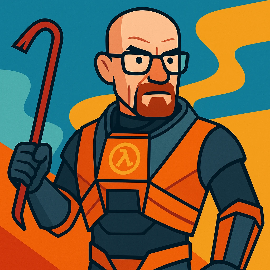 Walter White as Gordon Freeman, stylized cartoon, orange HEV suit, glasses, crowbar emoji
