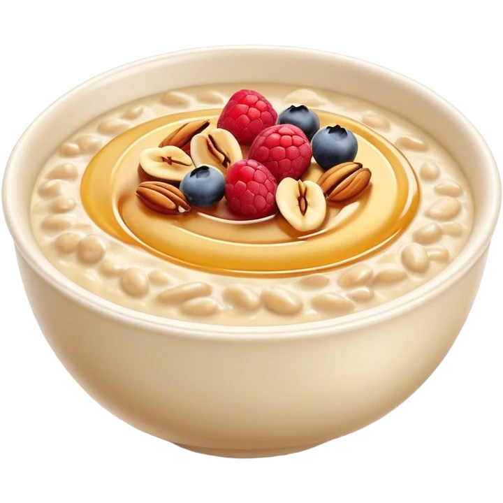 Cinematic creamy oatmeal, smooth texture with a swirl of honey on top, garnished with fresh berries and nuts, warm and comforting, cozy golden tones, rich and delicious. emoji