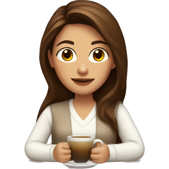 Woman with long brown hair, brown eyes, in white cardigan, with a cup of coffee in her hand emoji