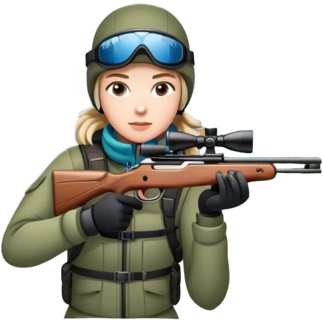 An icon showing a snowy landscape with pine trees, mountains, and a clear sky with a biathlete aiming a rifle in the foreground, wearing winter gear and skis. Transparent background emphasizes the precision, endurance, and beauty of this winter sport. emoji