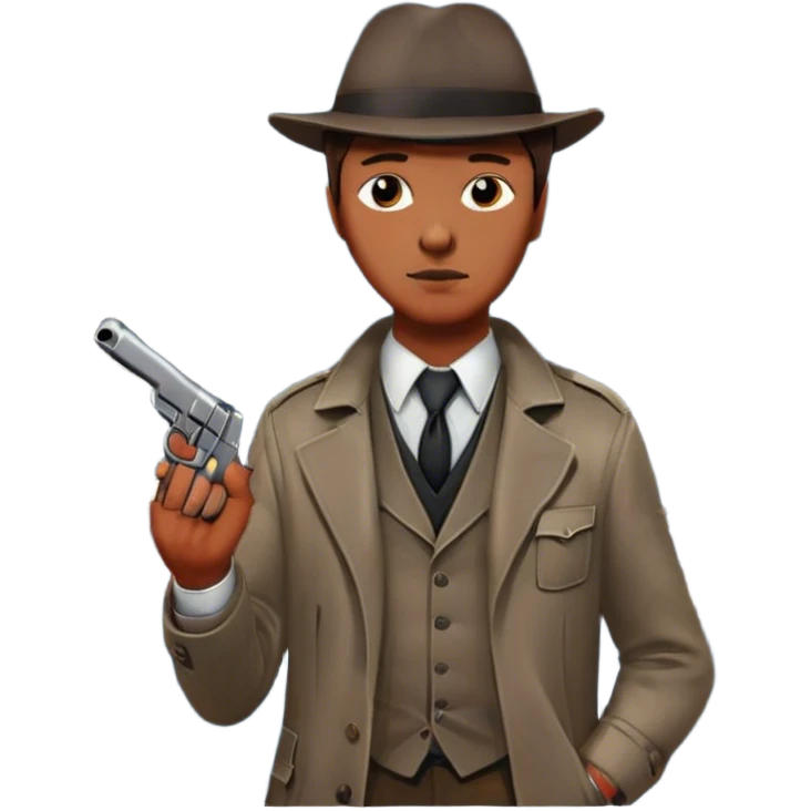 Icon for Detective Movie: Close-up of a detective holding a pistol on a dark London street, under a full moon. Bloodstains on the asphalt from a recent crime. The scene should evoke a gritty noir detective vibe with atmospheric shadows and moody lighting. Transparent background. emoji