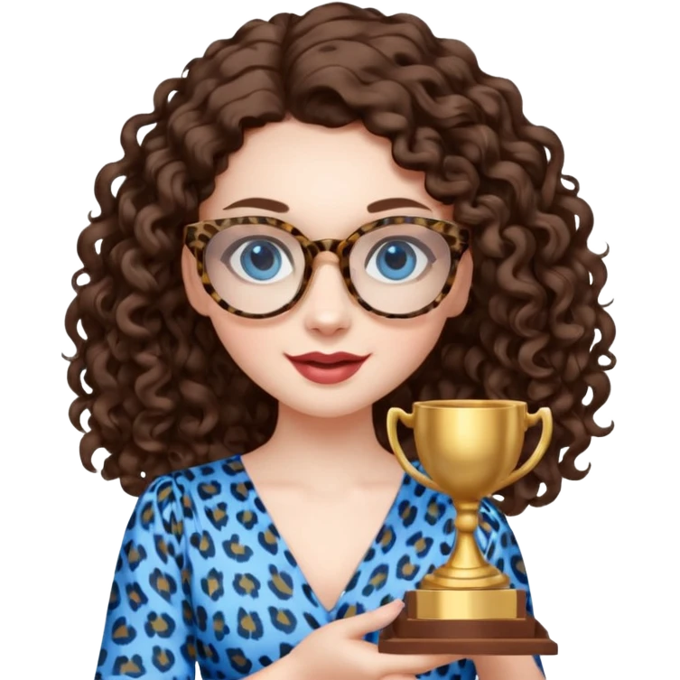 A girl with white pale skin, blue eyes, full lips, brunette LONG curly hair. She has a leopard print round-ish shaped glasses. She is wearing a white plain silk dress. She is holding an award and happy emoji