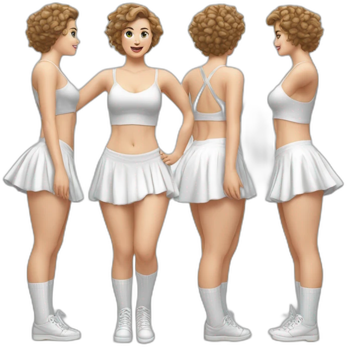 Hyperrealistic Full body Caucasian curvy beauty jumping short white skirt back and front views strong wind knickers long white socks emoji