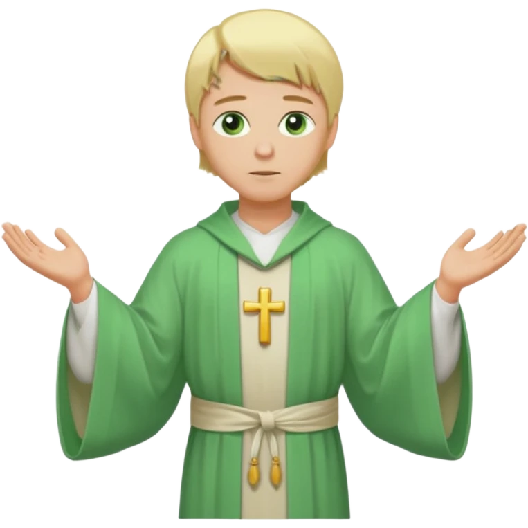 a priest, green eyes, blonde hair, light green wide, flowing outer robe. opening arms, gazing thoughtfully. Soft light, subtle fern. Waist-up, profile. emoji