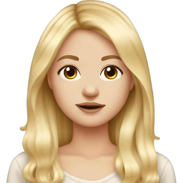 White girl with long blonde hair with curtain bangs, dark brown eyes and rosy cheeks emoji