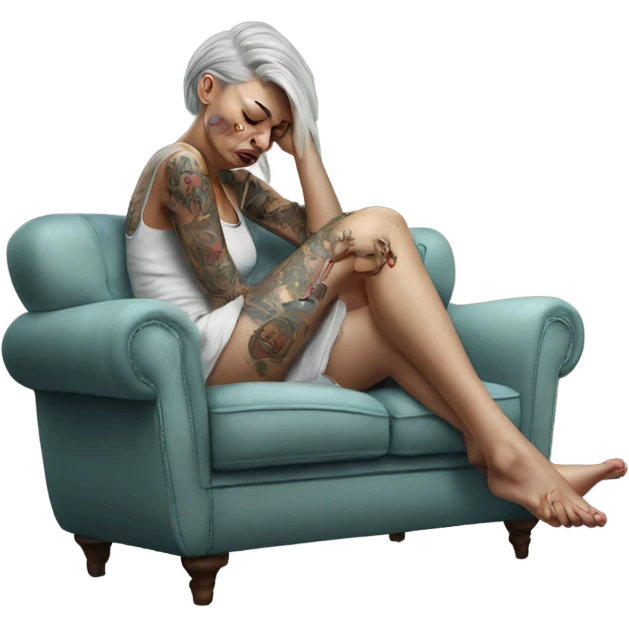 Hyper Realistic Beautiful tattooed woman crying lying on her sofa  emoji